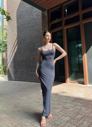 Платье макси из натуральной вискозы, приталенное, на бретельках, моделирующая, черная серая стильная качественная6 фото