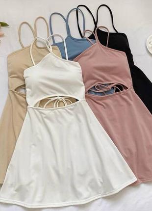 Трендовое мини платье со шнуровкой на спинке, с чашками свободного кроя, белая черная голубая бежевая розовая стильная качественная