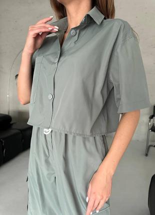 Костюм женский (брюки+сорочка) плащевка эмми 42-48 серый, хаки4 фото
