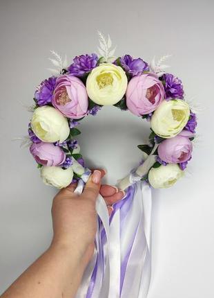 Венок на голову в бело-сиреневом цветах