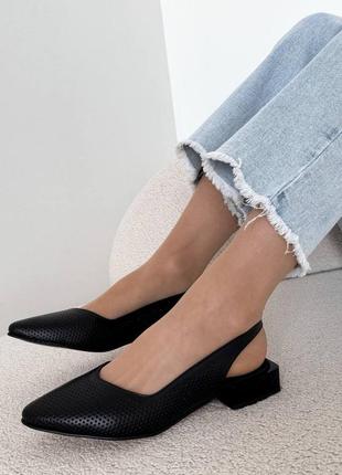 Туфлі - слінгбеки з натуральної шкіри на підборах чорні, женские удобные туфли с открытой пяткой
