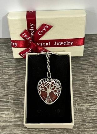 Натуральный камень розовый кварц в оправе "древо жизни в сердце" на брелке для ключей - подарок девушке4 фото