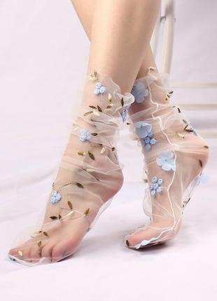 Новые прозрачные носки с вышивкой цветы