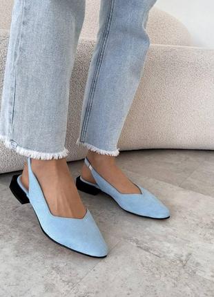 Блакитні жіночі трендові слінгбеки закриті босоніжки відкриті туфлі на маленькому підборі каблуці замшеві туфлі на маленькому підборі