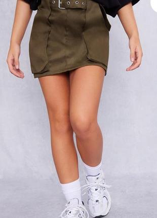 Khaki oversized pocket detail cargo mini skirt2 фото