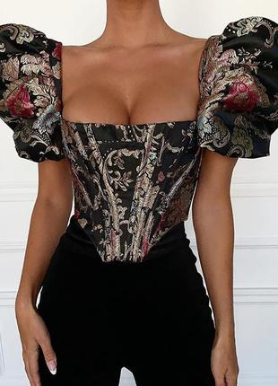 Жаккардовий корсет укорочений топ сорочка з буфами елегантна блуза 40403 фото