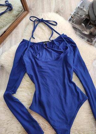 Боди синего цвета с длинным рукавом с вырезом на завязках необычный необременительный гольф кофта топ с длинным рукавом на завязке