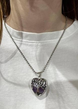 Натуральний камінь аметист в оправі "дерево життя у серці" на шнурку - оригінальний подарунок дівчині в коробочці8 фото