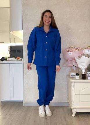 Костюм женский однотонный оверсайз рубашка на пуговицах брюки на высокой посадке с карманами качественный стильный фрез синий5 фото