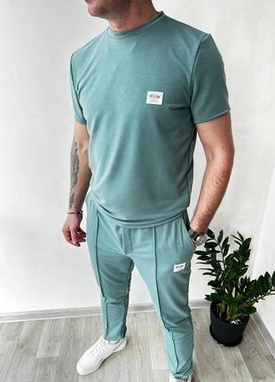 Спортивний костюм футболка вільного крою штани прямі брюки комплект стильний базовий чоловічий сірий синій зелений6 фото
