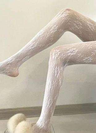 Колготы колготки черные и белые ажурные с принтом в цветочек колготы в сетку сеточку кружево-макраме винтажные женские чулки лолита панк аниме кофей8 фото