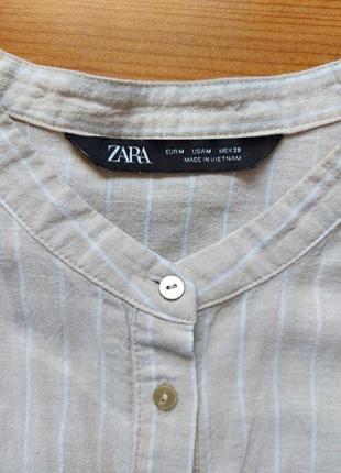 Льняная рубашка zara с рюшами, бежевая рубашка в белую полоску, р. м6 фото