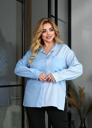 Женская голубая льняная рубашка большого размера4 фото