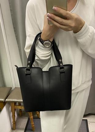 Чёрная кожаная сумка женская сумка из гладкой кожи итальянская сумка кожаная4 фото