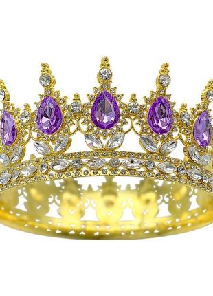Золота корона для торту, кругла тіара, діадема (велике каміння фіолетового кольору)2 фото