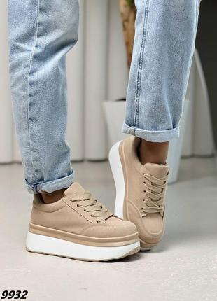 Бежеві хакі жіночі кросівки кеди на високій підошві потовщеній бежеві замшеві кросівки на потовщенній підошві