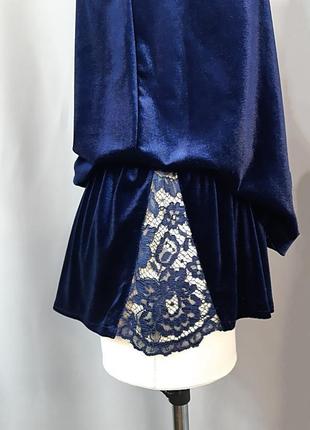 Бархатная пижама с кружевными вставками. синяя пижама, топ и шорты9 фото