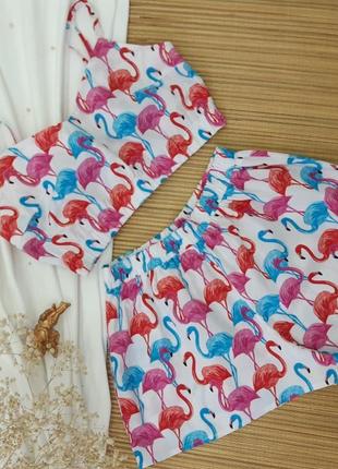 Бавовняна піжама з фламінго, піжамний комплект, шорти та топ.3 фото