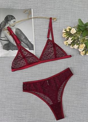 Бордовий прозорий еротичний комплект білизни, ліф та стрінги5 фото