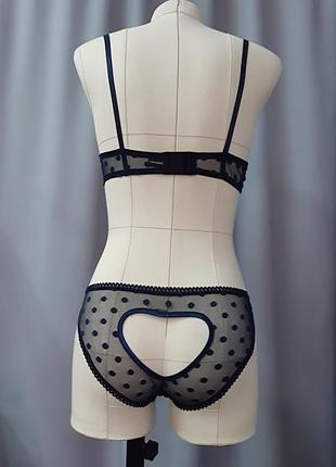 Темно синій комплект білизни із прозорої сітки в горошок, трусики, ліф, пояс, гартери