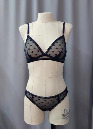 Темно синій комплект білизни із прозорої сітки в горошок, трусики, ліф, пояс, гартери