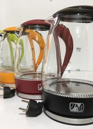 Стеклянный электрочайник мощность 2200bt комфортный для использования объем 1,7 литра promotec pm-810