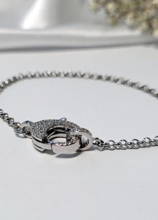 Серебряный женский браслет с большим замком с белыми камнями 17.5 см серебро 925 пробы родированное 2366р 4.8г8 фото