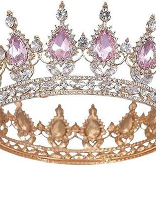 Золота корона для торту, кругла тіара, діадема (велике каміння ніжно-рожевого кольору)2 фото