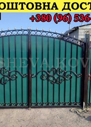Ворота кованые из профнастилом и калиткой код: а-01248