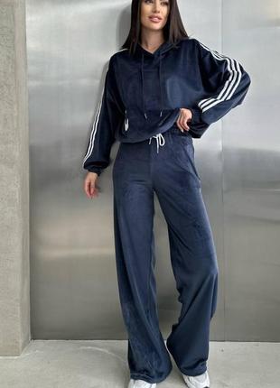Костюм спортивный женский велюровый оверсайз кофта с капишоном брюки на высокой посадке качественный стильный трендовый синий