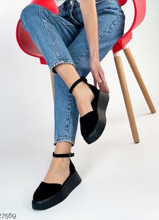 Стильные женские туфли с ремешком на платформе в черном цвете замшевые ❤️❤️❤️9 фото