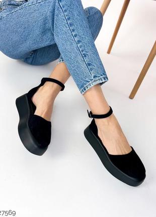 Стильные женские туфли с ремешком на платформе в черном цвете замшевые ❤️❤️❤️8 фото