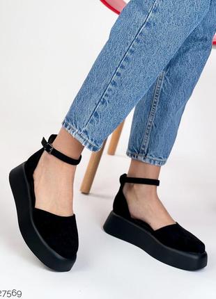 Стильные женские туфли с ремешком на платформе в черном цвете замшевые ❤️❤️❤️4 фото