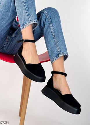 Стильные женские туфли с ремешком на платформе в черном цвете замшевые ❤️❤️❤️7 фото