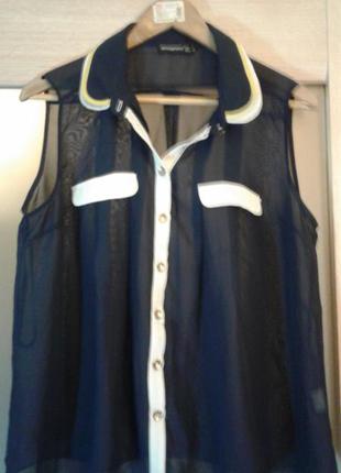 Класна офісна темно-синя блуза-майка з білою обробкою