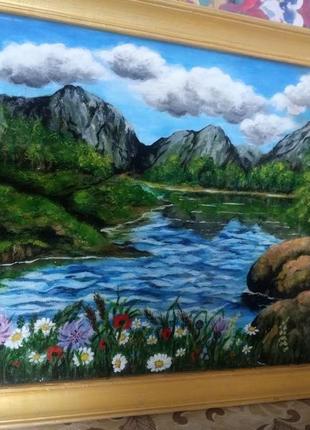 Картина акриловий живопис під епоксидною смолою "гірне озеро"