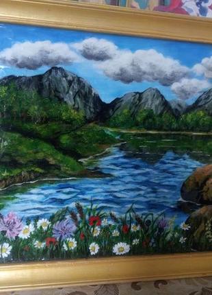 Картина акриловий живопис під епоксидною смолою "гірне озеро"3 фото