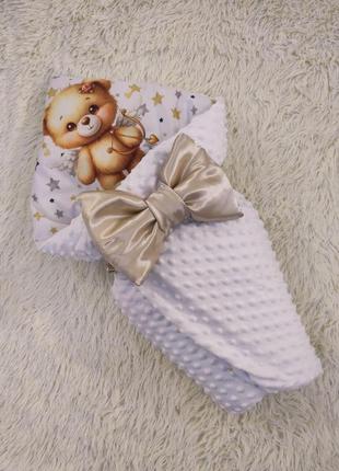 Летний плюшевый конверт для новорожденных, белый, принт медвежонок1 фото