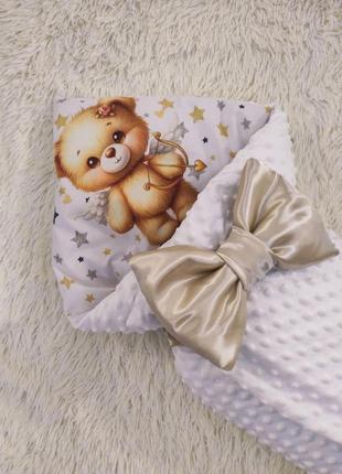 Летний плюшевый конверт для новорожденных, белый, принт медвежонок2 фото