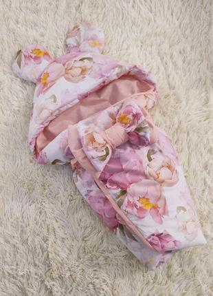 Конверт с капюшоном и комбинезон для новорожденных, розовый принт цветы и медвежонок2 фото