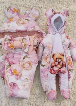 Конверт с капюшоном и комбинезон для новорожденных, розовый принт цветы и медвежонок