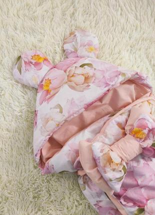 Конверт с капюшоном и комбинезон для новорожденных, розовый принт цветы и медвежонок3 фото