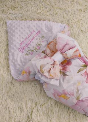Зимний конверт для новорожденных девочек, розовый с вышивкой "маленька україночка"2 фото