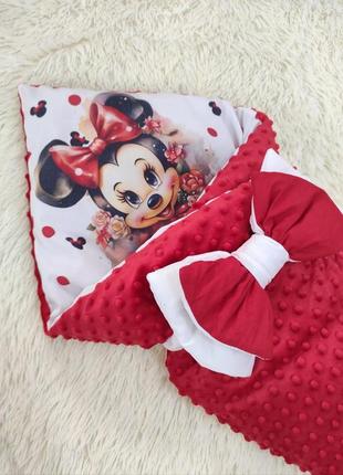 Зимовий плюшевий конверт для новонароджених дівчаток, червоний, принт minni2 фото