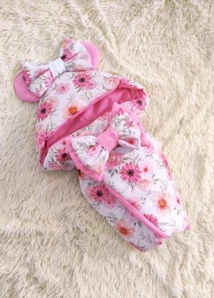 Летний хлопковый конверт с капюшоном для новорожденных девочек, принт цветы розовый1 фото