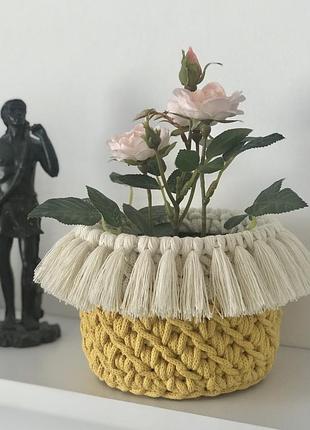 Круглая корзина с бахромой для хранения, вязаная крючком, кашпо ручная работа, шнур хлопок и фанерное донышко
