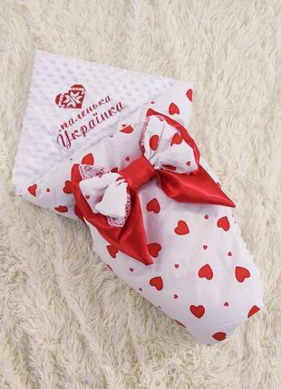 Демісезонний конверт для новонароджених дівчаток, принт серця з вишивкою "маленька українка"1 фото