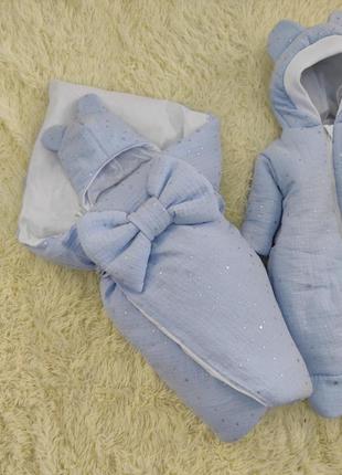 Демисезонный комплект для новорожденных, голубой муслин с глитером3 фото