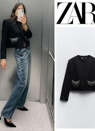 Укорочений чорний блейзер з бахромою zara new4 фото