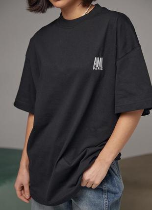 Хлопковая футболка с вышитой надписью ami paris2 фото